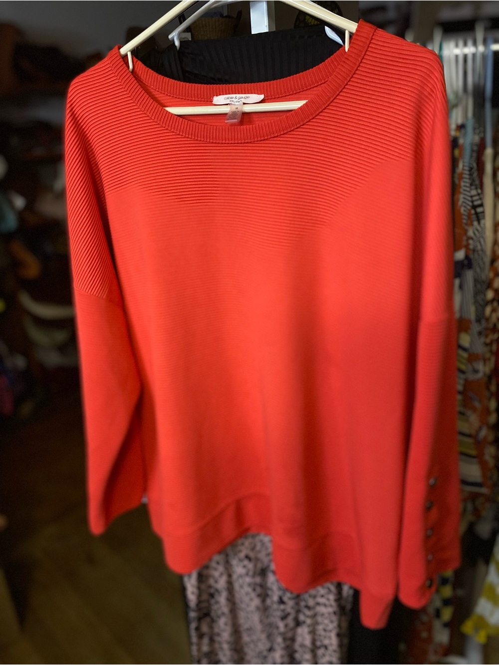 Cable & Gauge Coral-Red Ribbed Long-Sleeve Sweatshirt